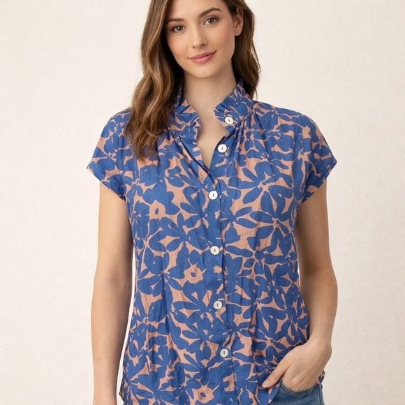 THML Tops - THML Blue & Peach Floral Ruffle Collar Blouse – Size Large